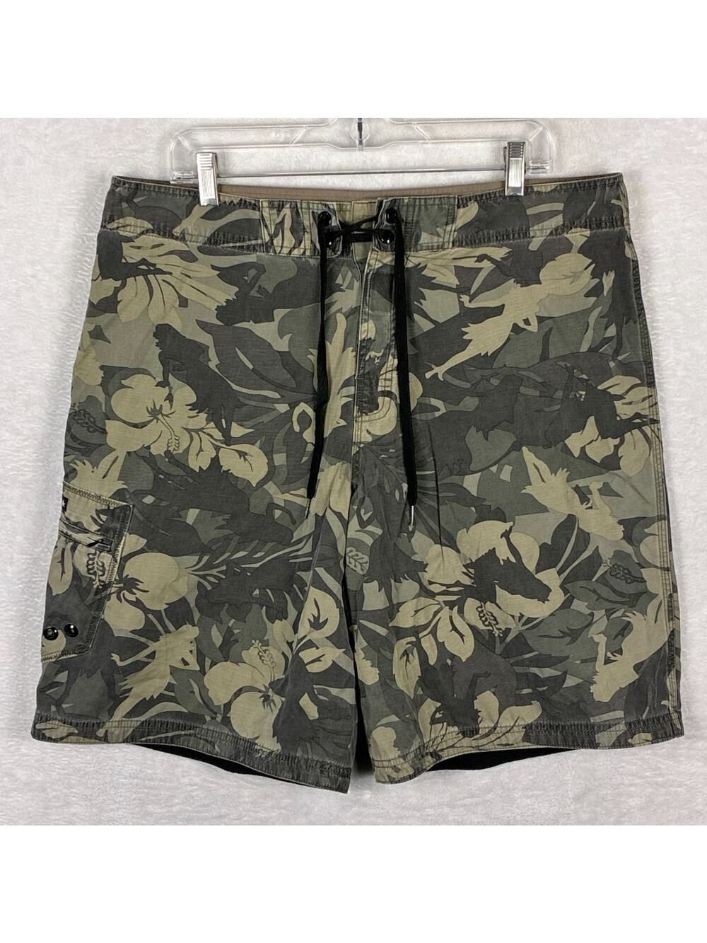 Crazy Shirts Board Shorts Men 36 Camo Hula Girl Floral Pattern Cargo Surf Y2K